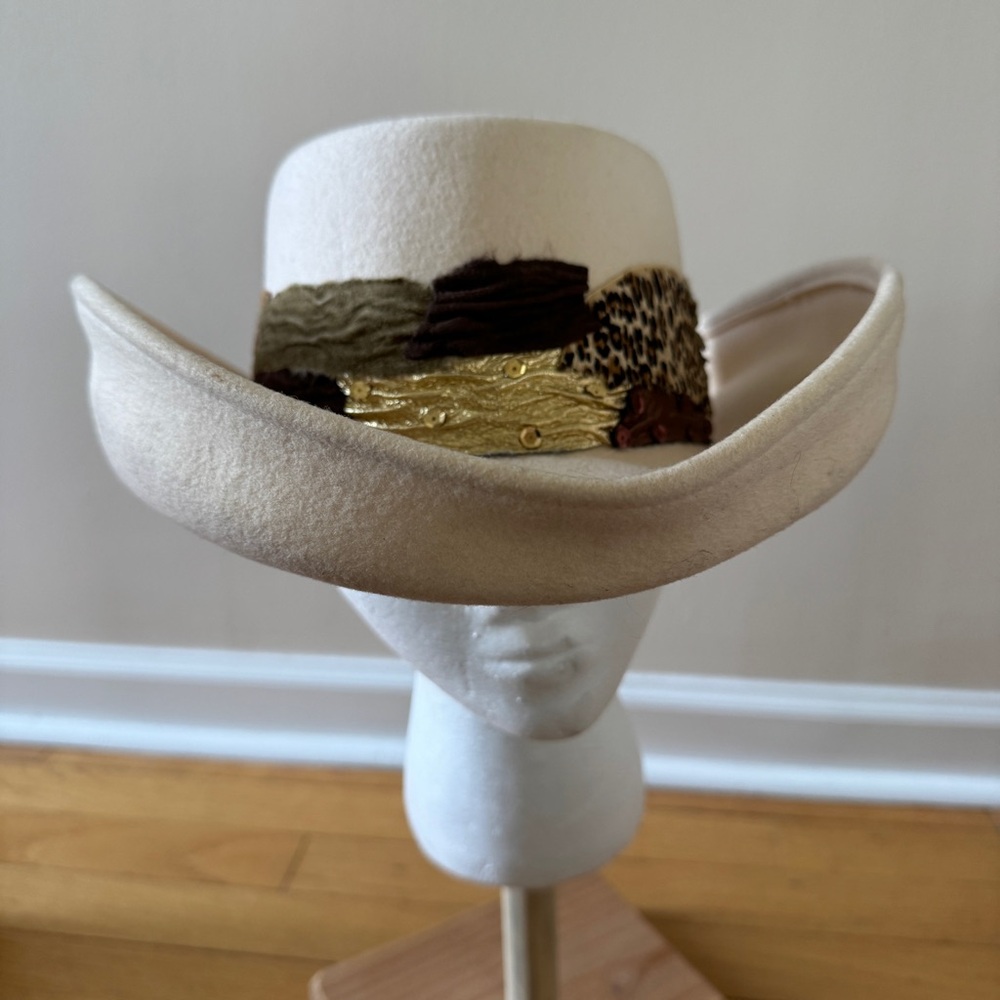 Vintage Cream Wool Cowboy Hat with Gold and Brown Accents 1980s Whittall & Shon
